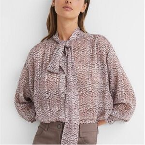 Reiss Kelsie Metallic Tie Neck Blouse High Low Tunic Shirt Long Sleeve Pussybow